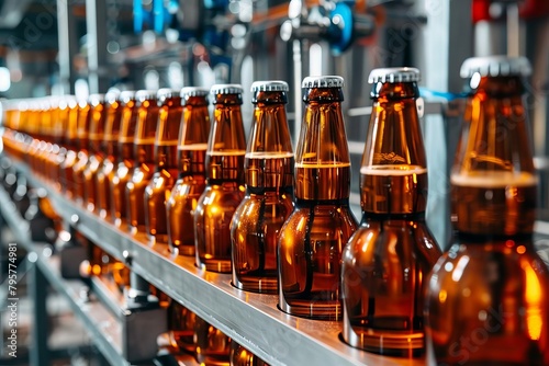 conveyor belt with glass brown beer bottles in a brewery production line industrial concept