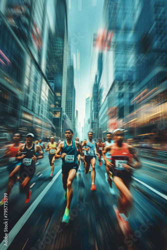 Marathon runners racing in urban landscape motion blur speed, buildings: Strength endurance