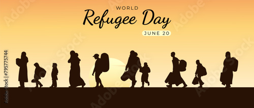 World Refugee Day.Horizontal banner with silhouettes of refugees.Vector illustration. photo