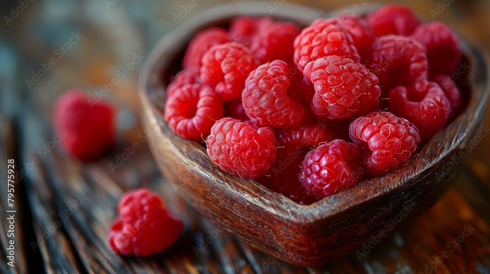 raspberries in a heart shaped wooden bowl. raspberries in a heart shaped wooden bowl.