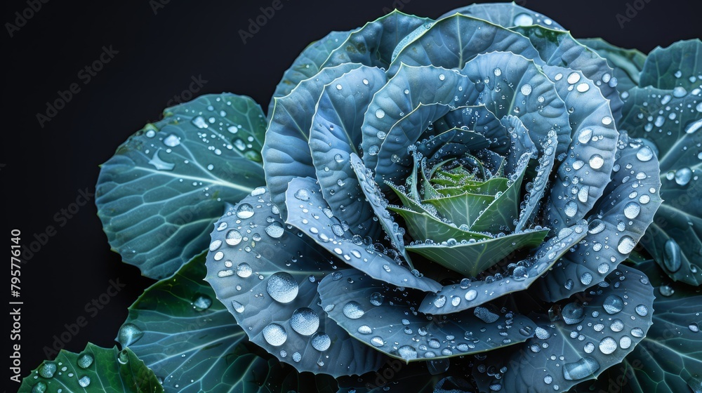 Fototapeta premium A tight shot of a blue flower, adorned with water droplets on its petals Nearby, a green foliage plant with lush, verdant leaves