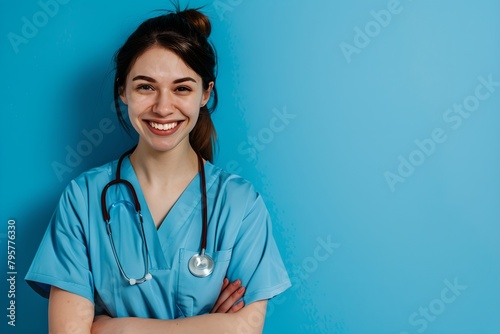Friendly young female doctor against blue background. Medicine and healthcare concept. Professional physician wearing blue coat. General practitioner. Studio portrait