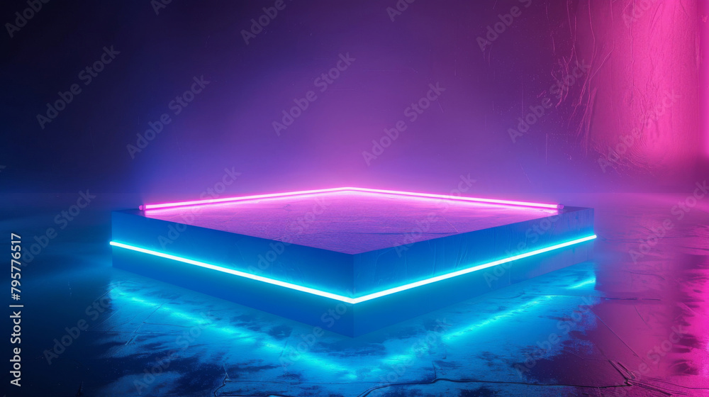 Neon platform with vibrant pink and blue illumination, perfect for product display Neon platform with vibrant pink and blue illumination, perfect for product display