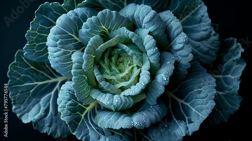  A tight shot of a verdant leafy plant, adorned with dewdrops atop its leaves