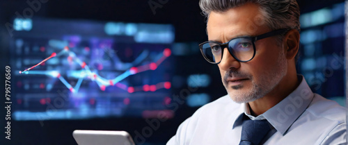 a businessman using a tablet to analyze complex data sets in real-time, with a digital interface overlaid onto the scene that highlights key insights and trends, using a mid-shot perspective