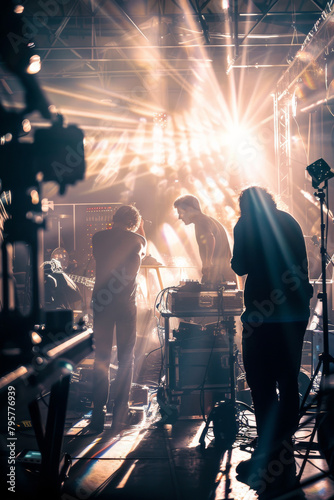 Backstage concert monitors instrument light flares concept roadies life technicians