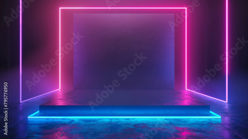 Neon lights illuminate an empty stage, perfect for product displays