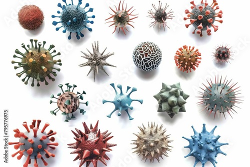 detailed 3d rendering of various viruses with intricate structures isolated on white background microbiology concept illustration 16 photo