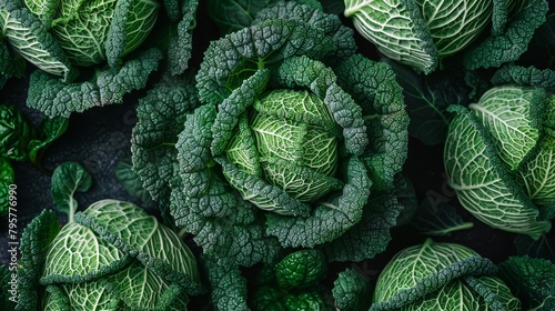   A tight shot of numerous green lettuce heads filled with lush, leafy foliage atop them photo
