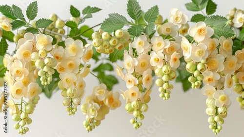  A tight shot of blooms against a white backdrop, featuring green foliage and an adjacent white wall