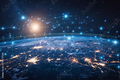 digital planet earth with global network connections and orbiting satellites technology concept illustration
