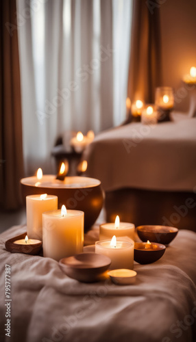 Cozy room with soft lighting from numerous candles creating an atmosphere of relaxation and comfort