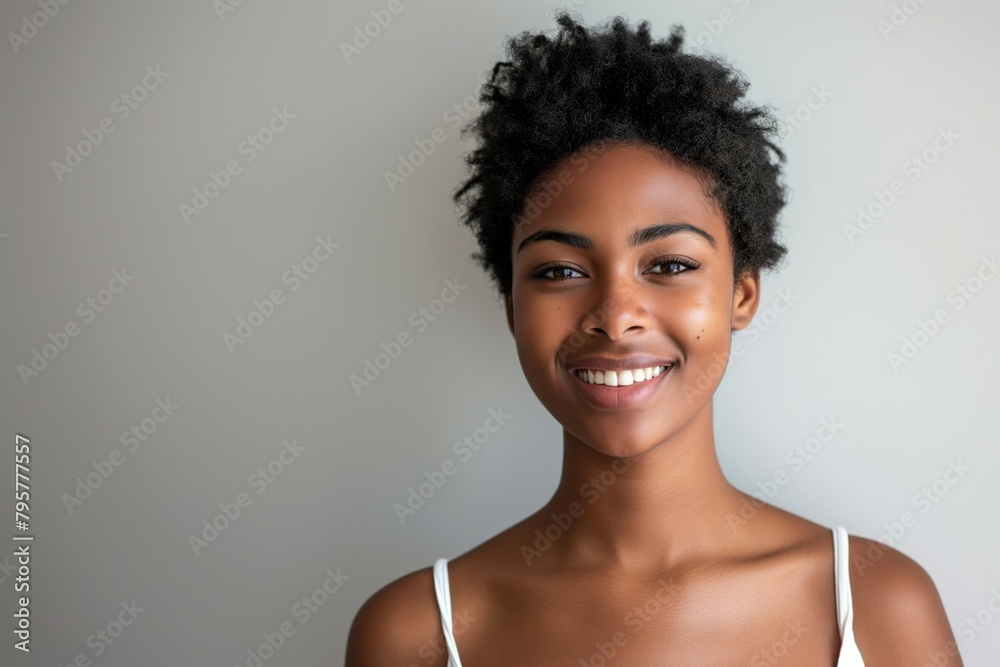 Smiling young attractive curly haired black woman looking at the camera
