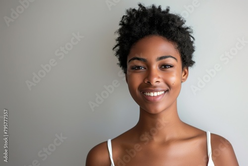 Smiling young attractive curly haired black woman looking at the camera
