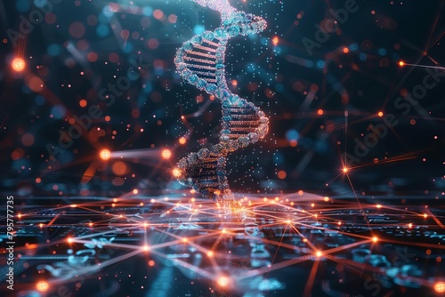 dna double helix structure with glowing elements genetic code and biotechnology concept digital illustration