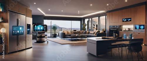 Showcase the power of the Internet of Things with a visually stunning image of a smart home filled with various connected devices and appliances AI, such as smart refrigerators, coffee makers