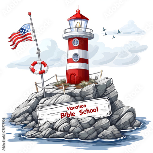 Vacation Bible School sign with Lighthouse, a rocky island, American Flag and life ring,