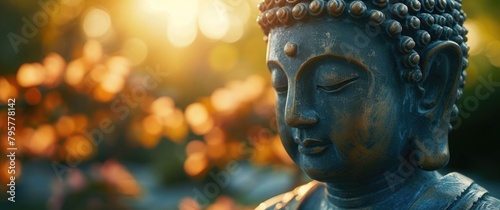 Buddha statue bathed in soft sunlight, creating a radiant glow. The bokeh background enhances the serene ambiance, with gentle light spots adding to the ethereal panorama.  © Elzerl