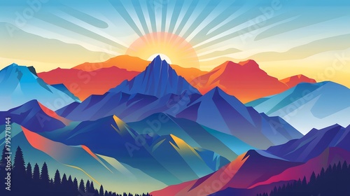 Vector illustration of a mountain landscape at sunrise  with vibrant colors and sharp contrasts between light and shadow