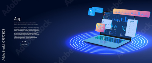 Innovative Digital Workflow Concept: Laptop with Floating Graphical User Interface Elements, Data Management and Connectivity
