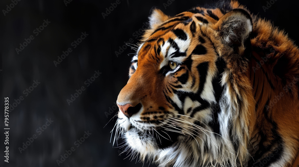Naklejka premium A tight shot of a tiger's intense face against a backdrop of absolute blackness Background features a soft, indistinct tiger image in blur