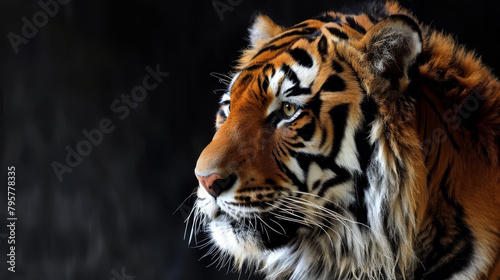   A tight shot of a tiger s intense face against a backdrop of absolute blackness Background features a soft  indistinct tiger image in blur