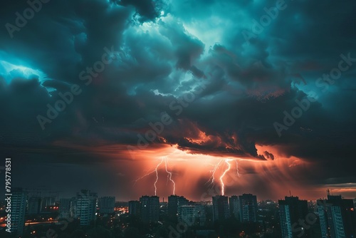 dramatic stormy sky with lightning over silhouette of cityscape weather concept