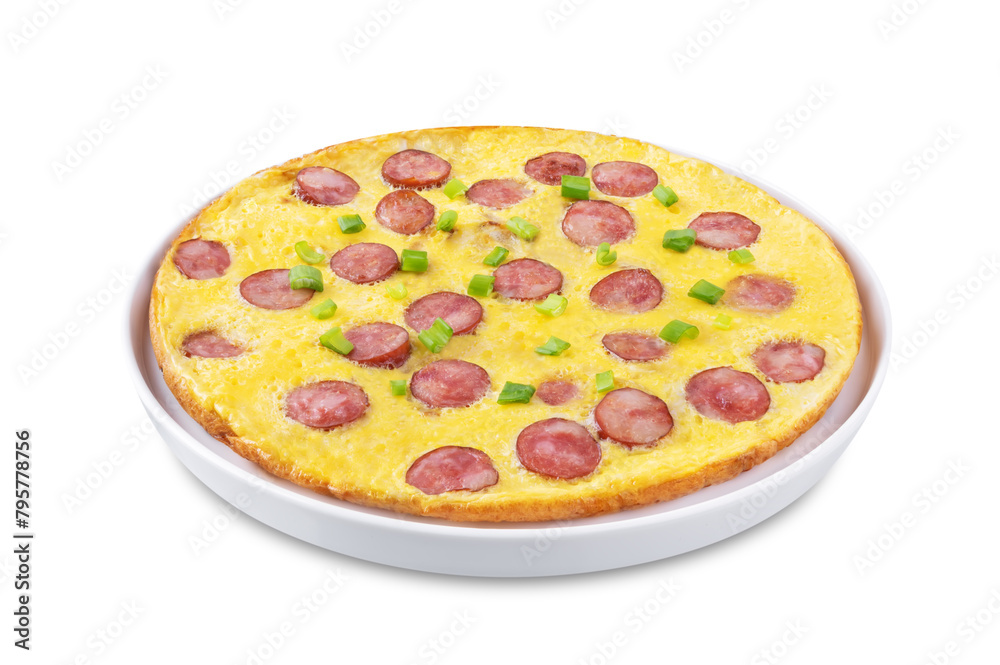 Chinese sausage omelette in a plate on a white isolated background