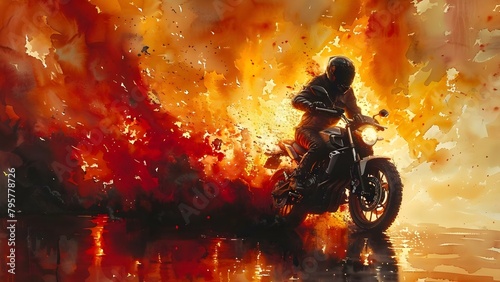 Abstract watercolor painting of a motorbike rider navigating through fiery flames. Concept Abstract Art, Watercolor Painting, Motorbike Rider, Fiery Flames, Surrealism