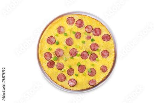 Chinese sausage omelette in a plate on a white isolated background