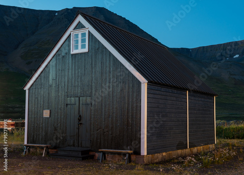 Old renovated warehouse in village of Flateyri in the Icelandic westfjords