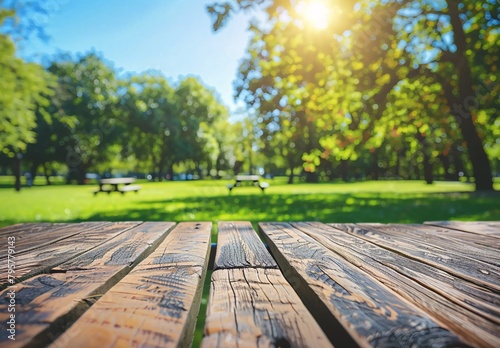 a wooden table in a park