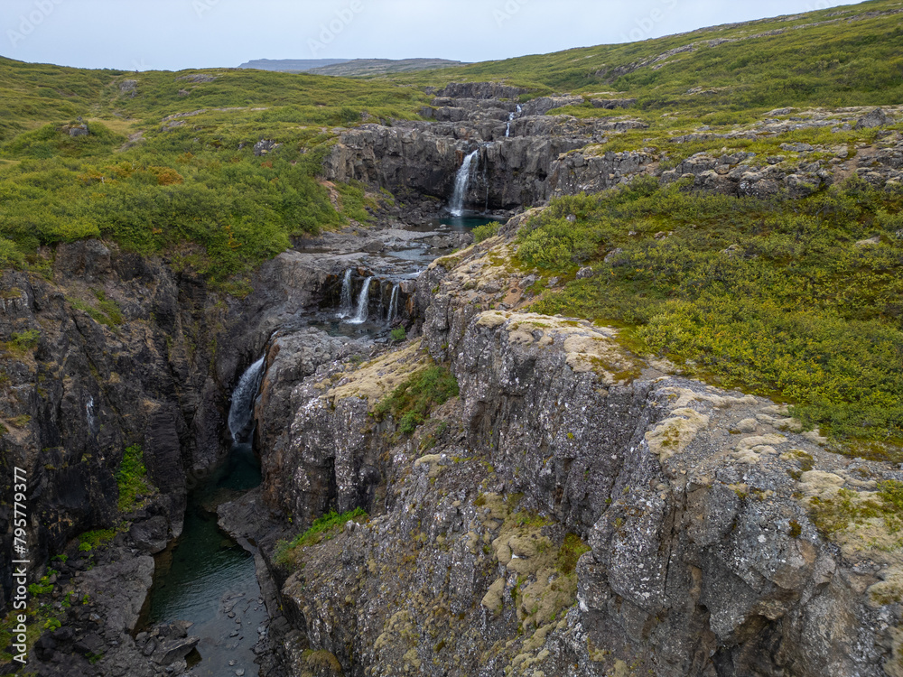 The river and waterfall of Thingmannaa in Vatnsfjordur in the westfjords of Iceland