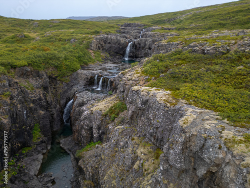 The river and waterfall of Thingmannaa in Vatnsfjordur in the westfjords of Iceland