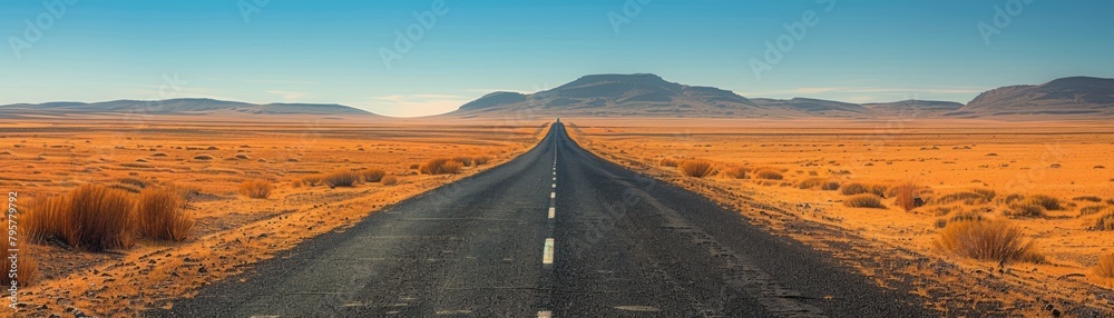 A long straight road leading through a golden desert landscape