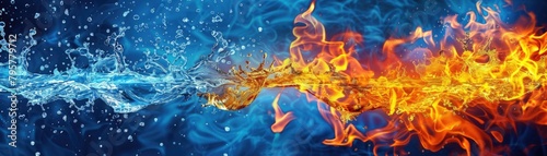 A dynamic clash of fire and water splashes against a deep blue background