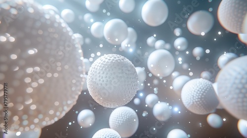 A photorealistic  highly detailed  background of perfectly formed  different sized  textured  white spheres  floating in a semi dark environment.