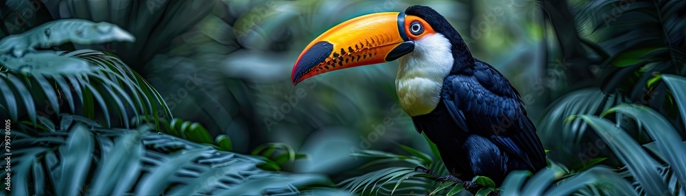 Fototapeta premium A vivid toucan sits among rich tropical foliage in a stylized jungle scene