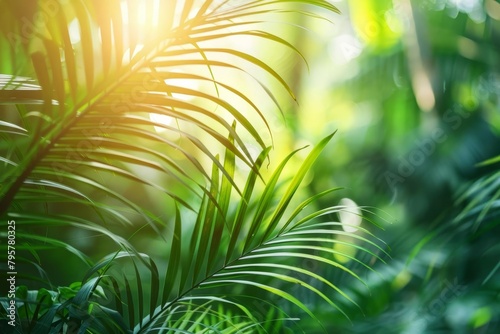 exotic tropical rainforest with lush green palm leaves nature background