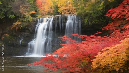 A cascading waterfall framed by vibrant autumn fol