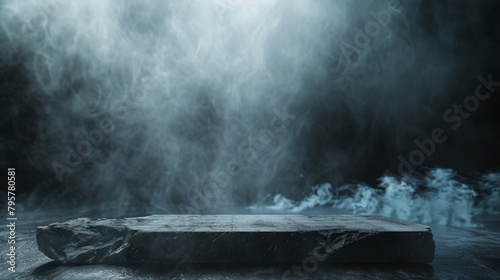 Enigmatic stone platform with smoke on a dark background, perfect for displaying items