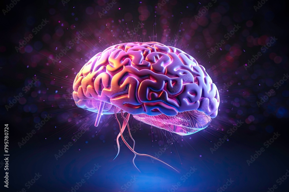 Vibrant Human Brain with Neon Glow on Dark Background Vibrant Human Brain with Neon Glow on Dark Background