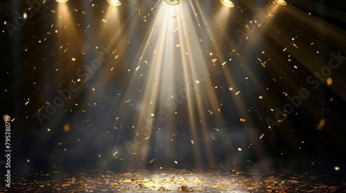 Spotlighted stage with golden confetti, ideal for product unveilings and presentations photo