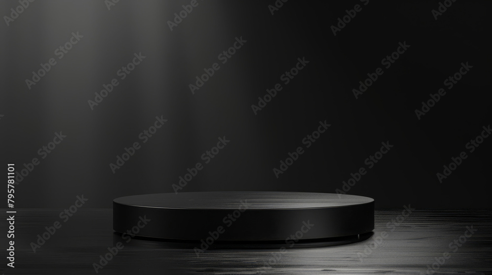 Black pedestal for showcasing products with spotlight in a dark room Black pedestal for showcasing products with spotlight in a dark room