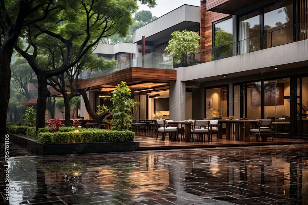 Outdoor Dining Area in Rainy Urban City Outdoor Dining Area in Rainy Urban City