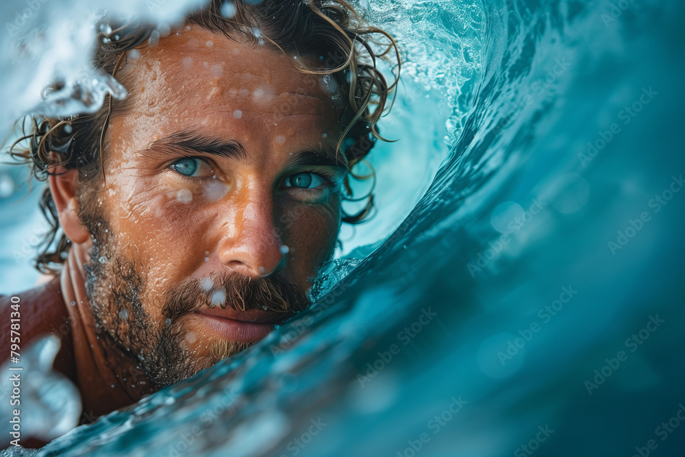 Close-Up of a Surfer's Intense Gaze While Riding a Wave