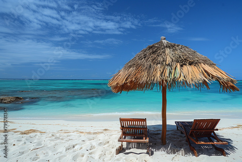 Thatched Umbrella and Lounge Chairs on Pristine Beach
