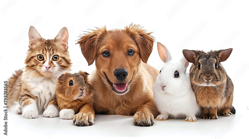 row of pets like cat, dog, bunny and guina pig isolated against white background