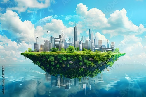 futuristic floating island city with renewable energy sources concept illustration