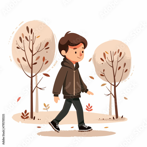 A boy is walking in a park with trees and leaves on the ground. He is wearing a brown jacket and black pants